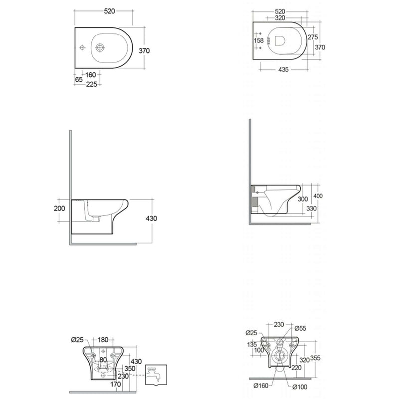 Coppia di sanitari sospesi Block di Rak Ceramics cm 37x52 bidet - wc senza brida e copriwater