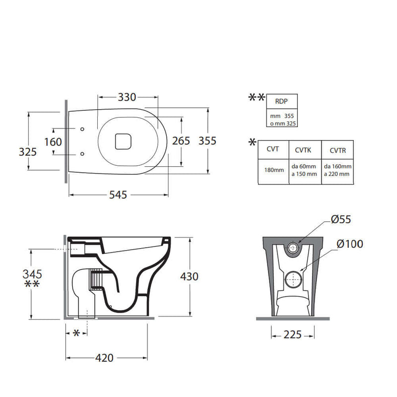 Sanitari filomuro Experience-bidet wc senza brida con scarico traslato e sedile tradizionale 54