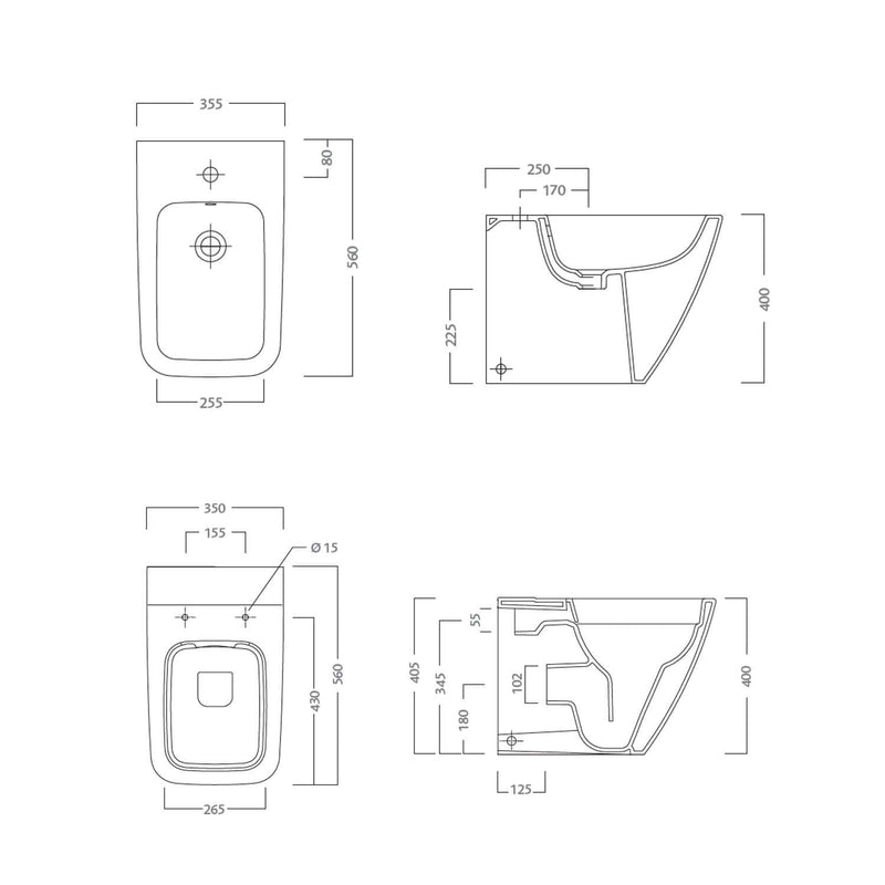 Sanitari filomuro con bidet e wc Rimless a scarico universale e sedile soft close modello Metrica Pozzi Ginori cm 56