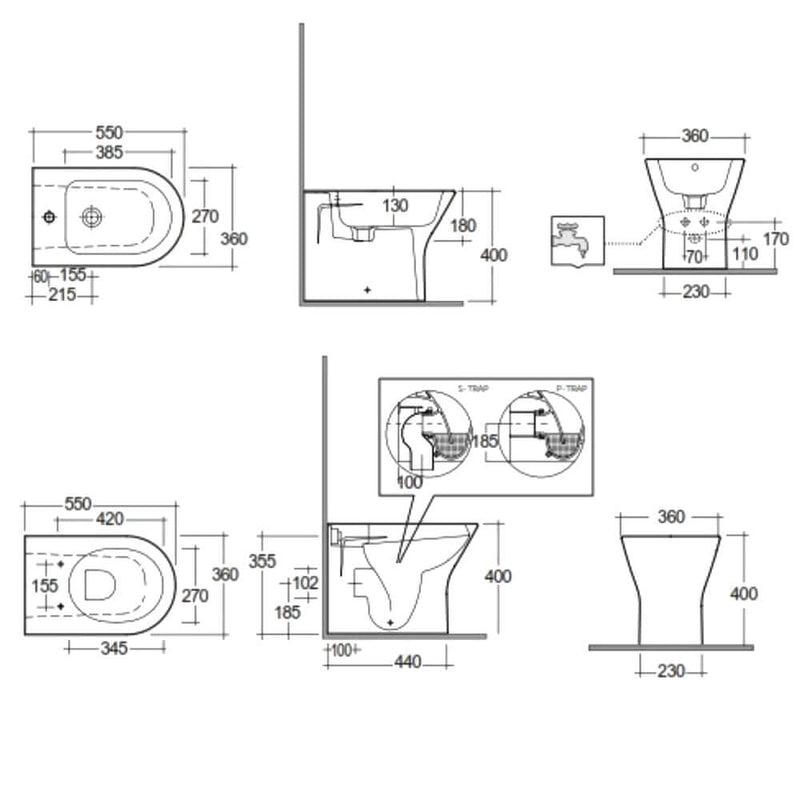 Sanitari Filomuro cm 36x55 mod. Sensation  wc rimless+bidet+sedile soft close scarico universale Bianco Matto