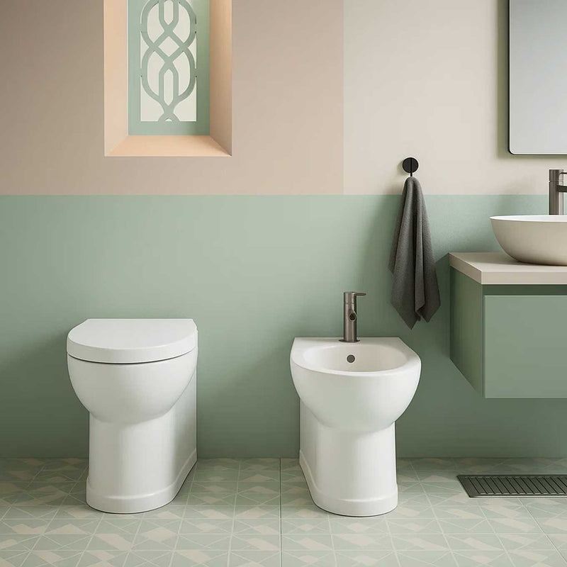 Sanitari filomuro con scarico universale e sedile soft close serie Isola cm 48x38 - Bianco Opaco