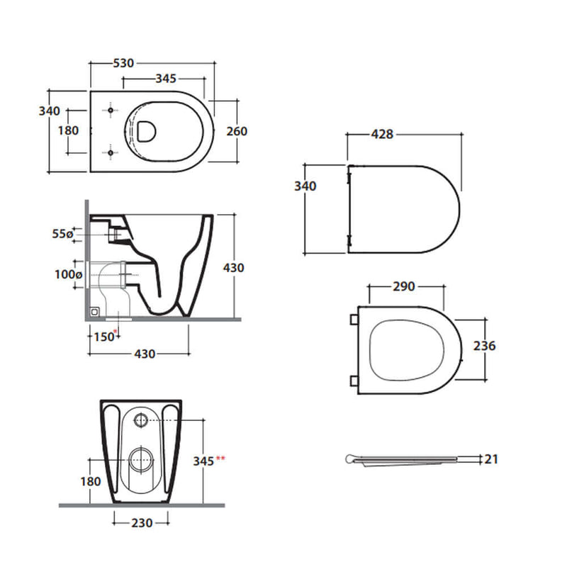 Sanitari filomuro Bianco Opaco rimless 53 cm Ceramica Globo Mode Wc scarico Multi