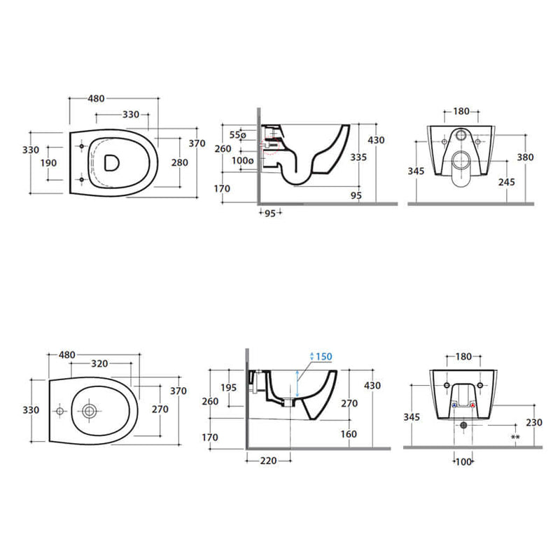 Sanitari sospesi Globo wc+sedile+bidet modello 4all cm 48x37 completi di fissaggi. Ceramica bianca
