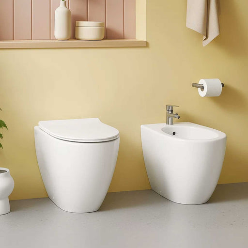 Sanitari filomuro collezione Tiara di Linpha Sanitary cm 36x53 senza brida con copriwater soft close -Bianco Opaco