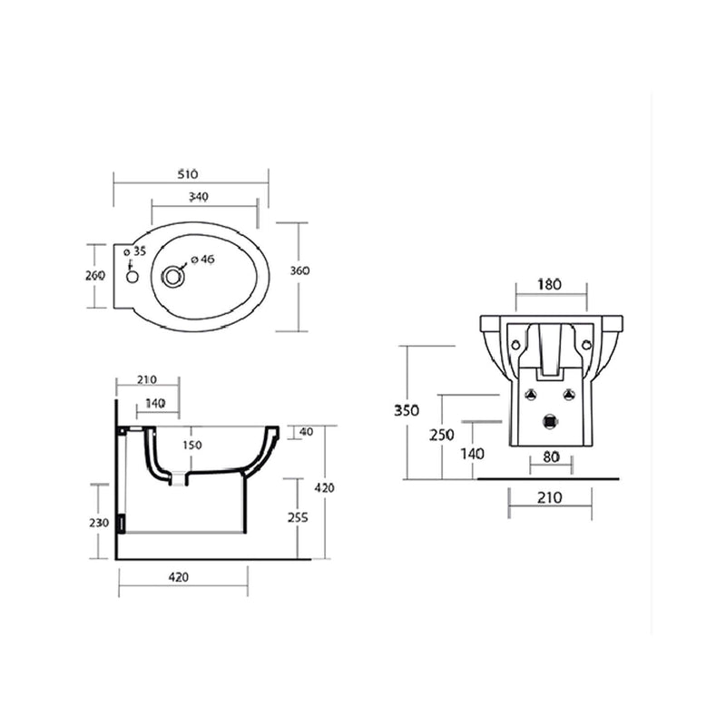 Bidet sospeso modello Carla 360x510 x H. 420 mm - Bianco