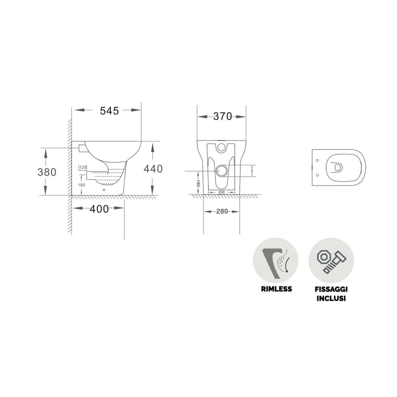 Sanitari filomuro modello Amber con sedile SoftClose 54.5x37 H. 44 cm - Bianco lucido