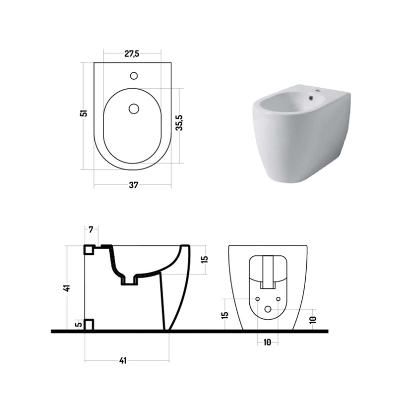 Bidet filomuro serie Skip 50 in ceramica bianca lucida - Disegno Ceramica
