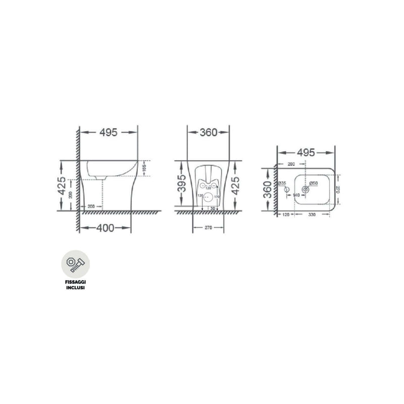 Bidet filomuro serie Tuono 49.5x36x42.5h cm - Bianco lucido in ceramica