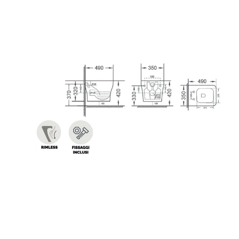 Water sospeso serie Tuono con sedile Softclose 49x35x32h cm - Bianco Lucido