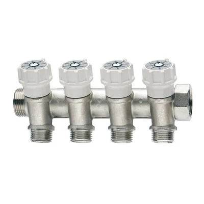 Collettore di distribuzione componibile con valvole di intercettazione 3/4 x 4 deriv. 1/2