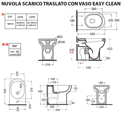 Sanitari Filomuro con scarico traslato Ceramica Azzurra Nuvola con sedile soft-close 55x35xH48 cm