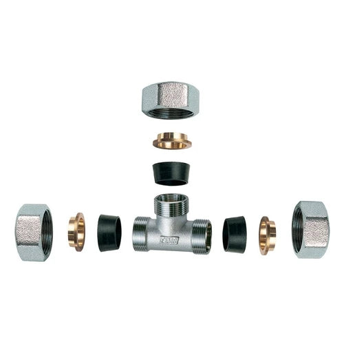 Raccordo cromato a t con 3 monoconi in gomma per rame 1/2 x 18