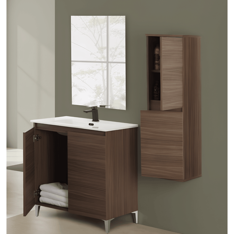 Mobile Bagno a Terra 80 Cm Due Ante Specchio a Filo 80x60 Cm finitura Noce Canaletto Cubi&Co collezione Cube