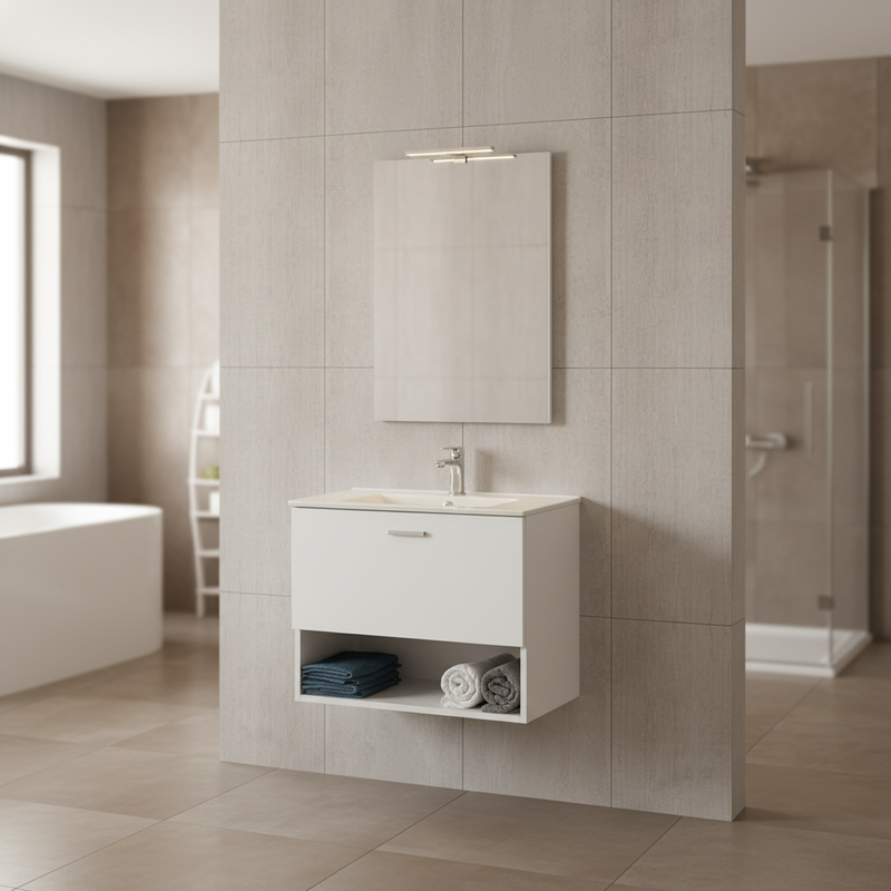Mobile Bagno Sospeso 80 Cm Un Cassetto Vano a Giorno Specchio Con Lampada Led 62x78,5 Cm Cubi&Co "Greta" Bianco Opaco