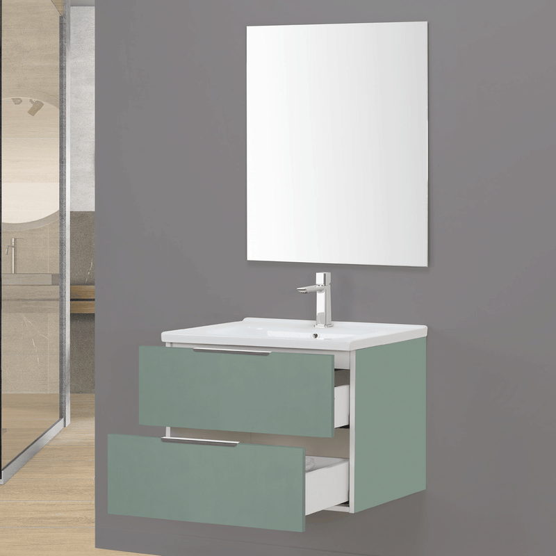 Mobile Bagno Sospeso 60 Cm Due Cassetti Specchio a Filo 60x80 Cm colore Verde