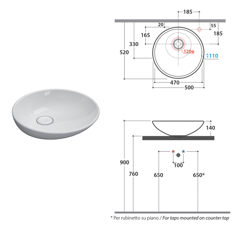 Lavabo da appoggio bianco Free di Ceramica Globo diametro 50 h.14 cm