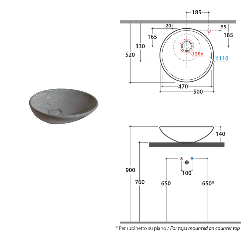 Lavabo d'appoggio Free Le Pietre Ceramica Globo finitura peperino grigio diametro 50 cm