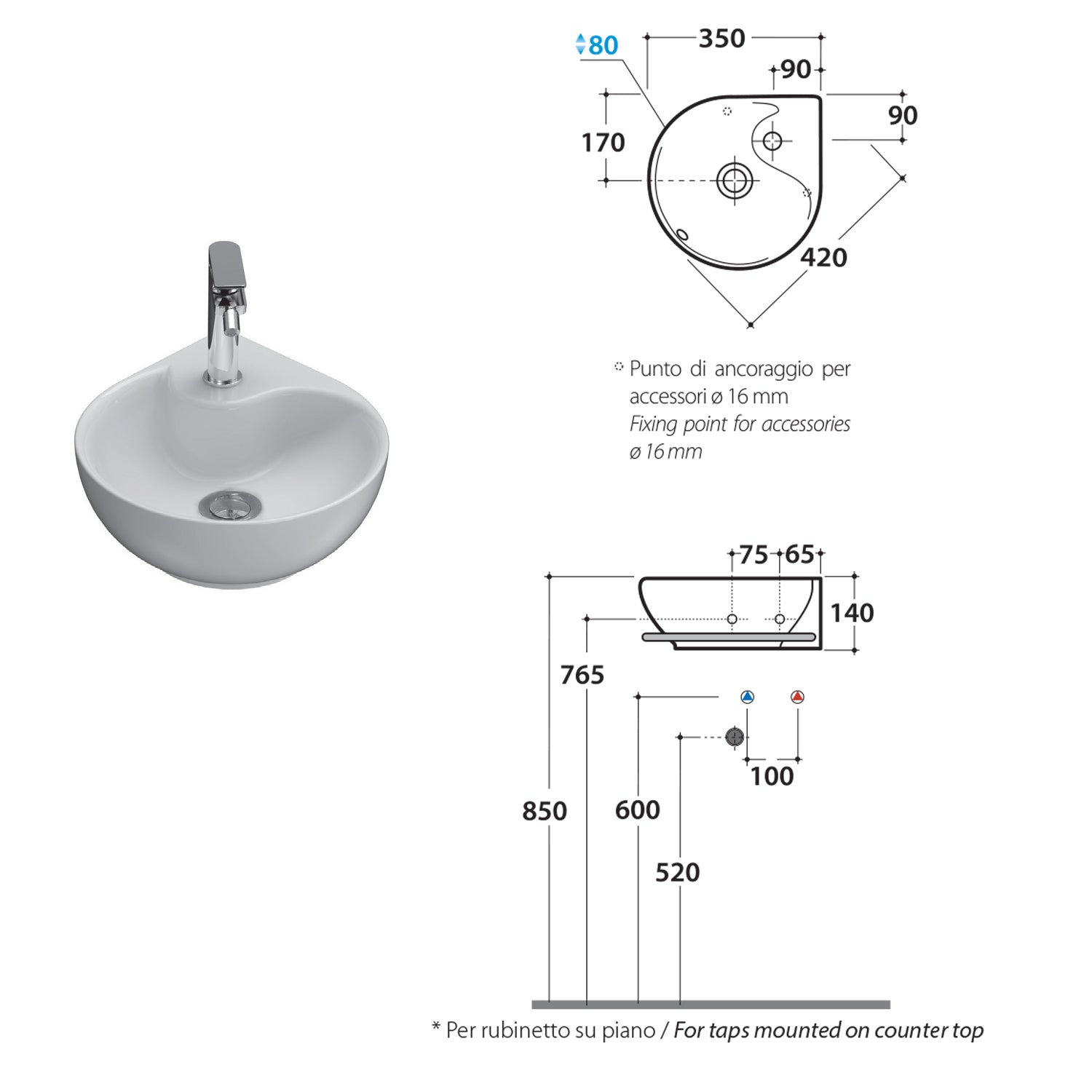 Lavamani bianco sospeso modello Misura 35x35 di Ceramica Globo by CeramicStore | Lo specialista del tuo bagno