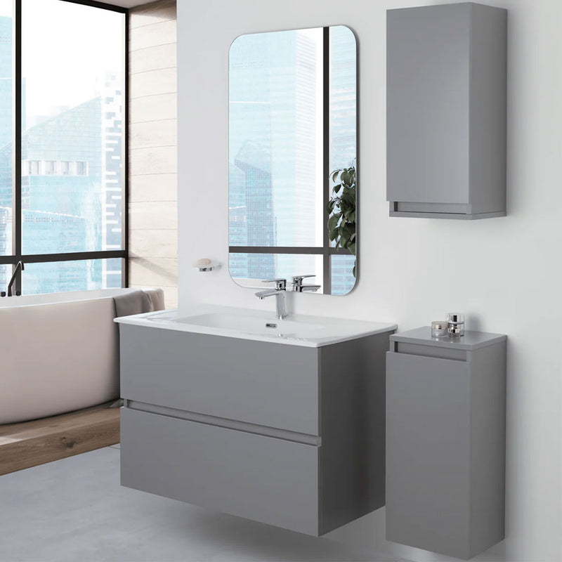 Mobile Bagno Sospeso 90 Cm Due Cassetti con Specchio Su Telaio 60x100 Cm colore Grigio Medio