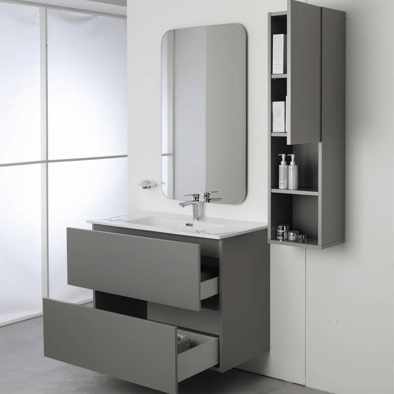 Mobile Bagno Sospeso 90 Cm Due Cassetti con Specchio Su Telaio 60x100 Cm colore Grigio Medio