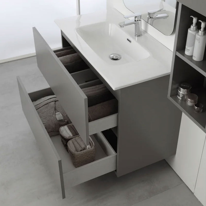 Mobile Bagno Sospeso 90 Cm Due Cassetti con Specchio Su Telaio 60x100 Cm colore Grigio Medio