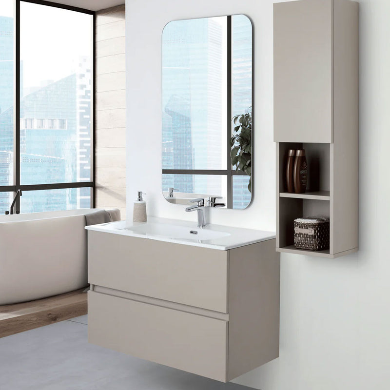 Mobile Bagno Sospeso 90 Cm Due Cassetti con Specchio Su Telaio 60x100 Cm colore Tortora