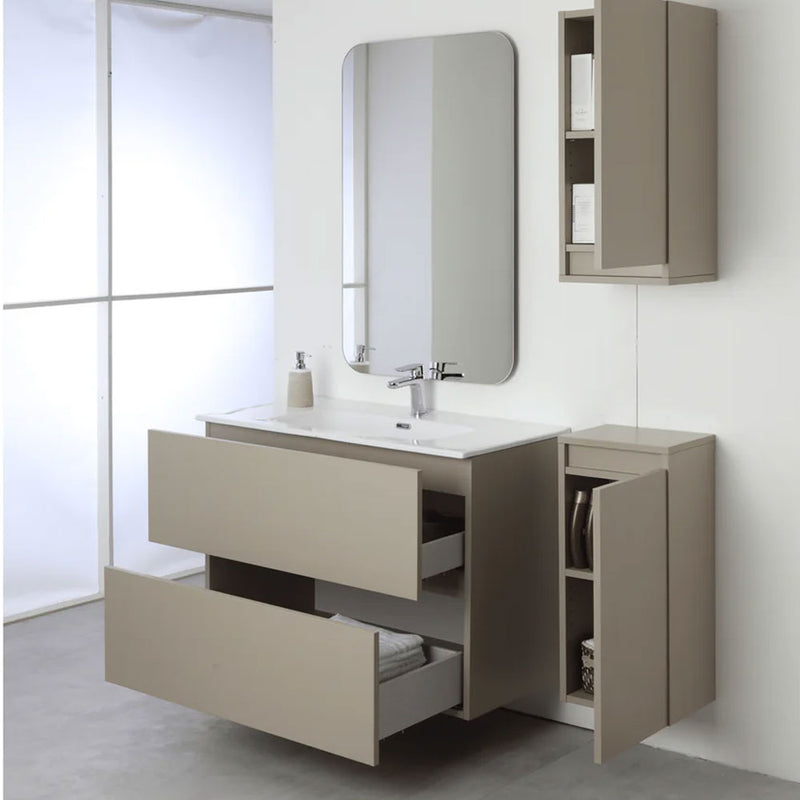 Mobile Bagno Sospeso 90 Cm Due Cassetti con Specchio Su Telaio 60x100 Cm colore Tortora