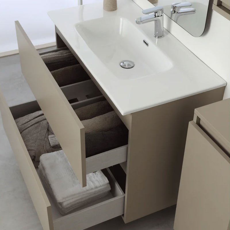 Mobile Bagno Sospeso 90 Cm Due Cassetti con Specchio Su Telaio 60x100 Cm colore Tortora