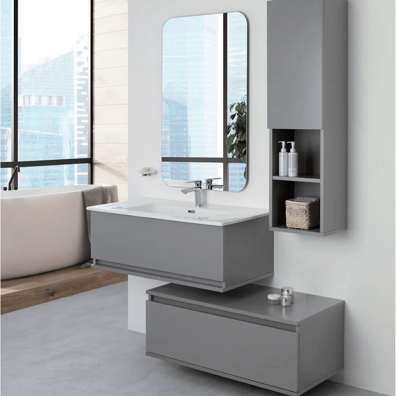 Mobile Bagno Sospeso 90 Cm Due Cassetti sfalsati e  Specchio Su Telaio 60x100 Cm colore Grigio Medio