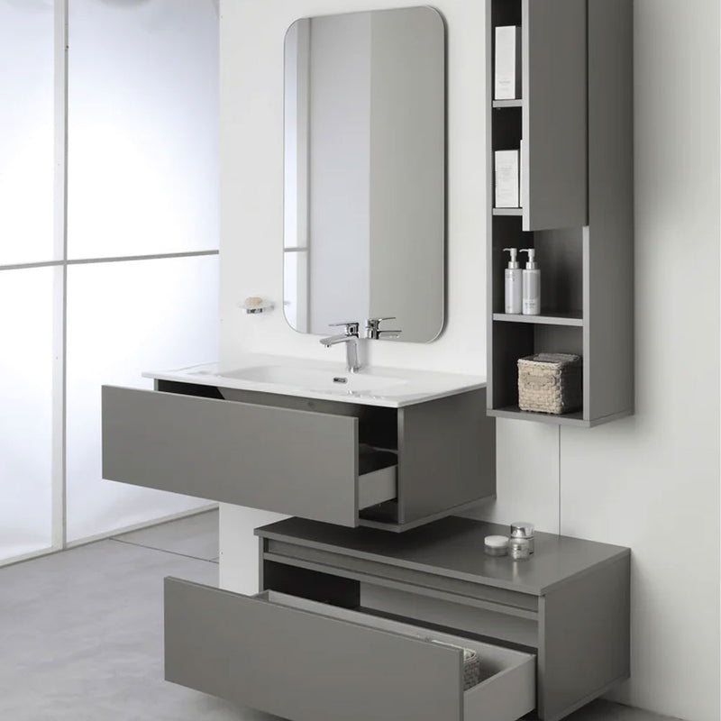 Mobile Bagno Sospeso 90 Cm Due Cassetti sfalsati e  Specchio Su Telaio 60x100 Cm colore Grigio Medio