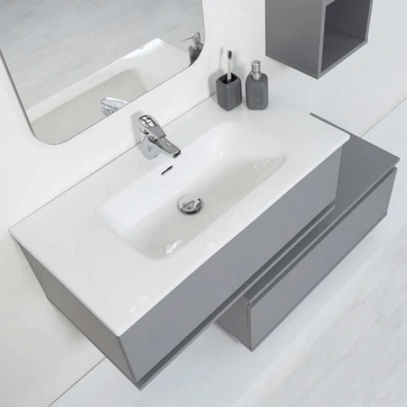 Mobile Bagno Sospeso 90 Cm Due Cassetti sfalsati e  Specchio Su Telaio 60x100 Cm colore Grigio Medio
