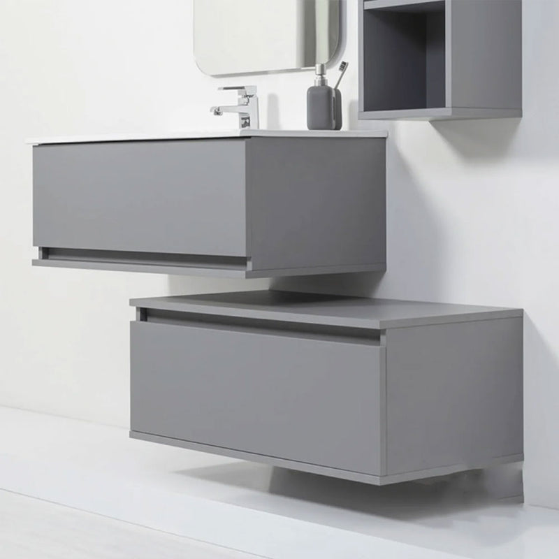 Mobile Bagno Sospeso 90 Cm Due Cassetti sfalsati e  Specchio Su Telaio 60x100 Cm colore Grigio Medio