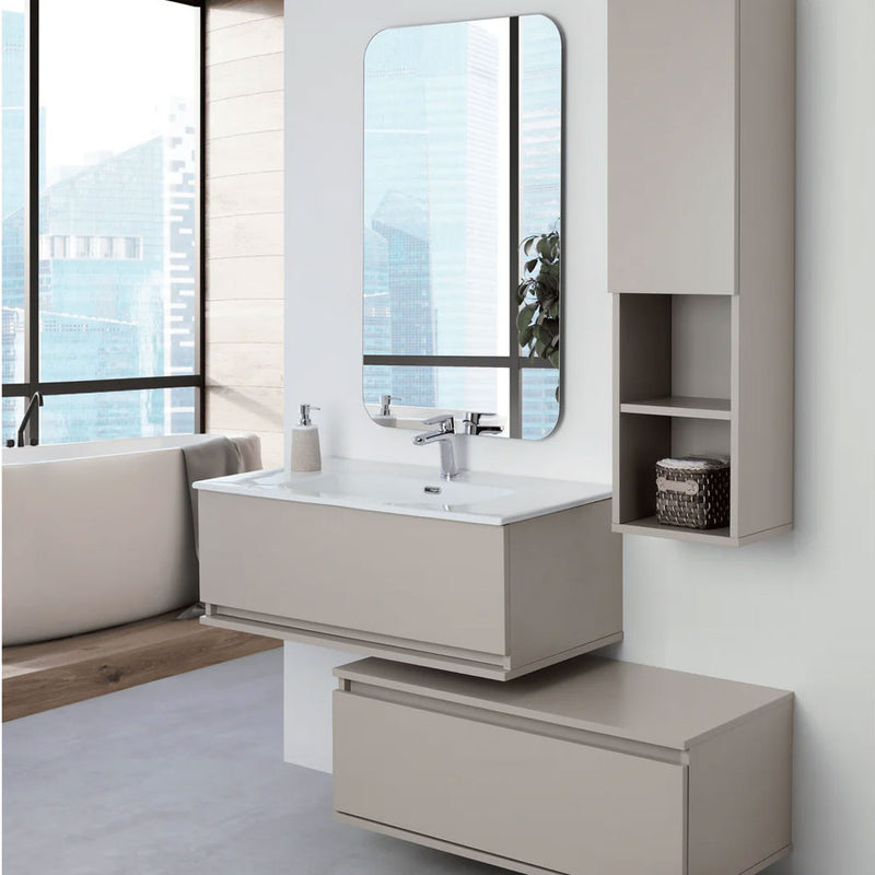 90 cm wall-mounted bathroom vanity with two offset drawers and mirror on frame 60x100 cm, Taupe