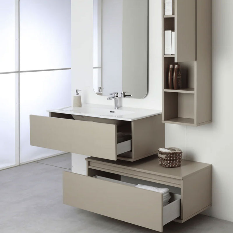 90 cm wall-mounted bathroom vanity with two offset drawers and mirror on frame 60x100 cm, Taupe