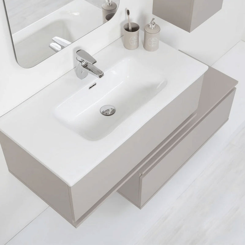 90 cm wall-mounted bathroom vanity with two offset drawers and mirror on frame 60x100 cm, Taupe