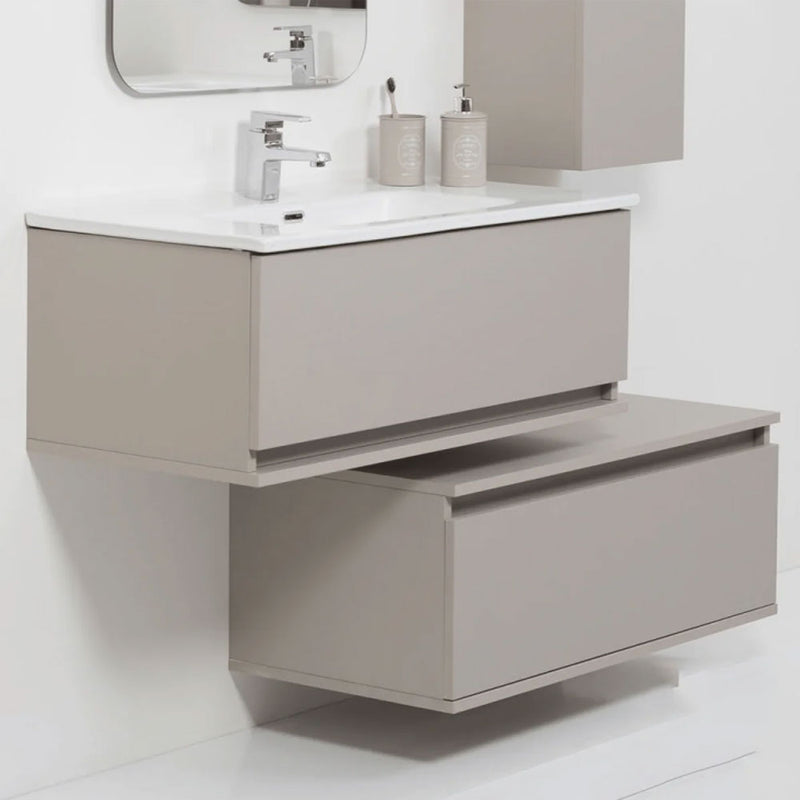 90 cm wall-mounted bathroom vanity with two offset drawers and mirror on frame 60x100 cm, Taupe