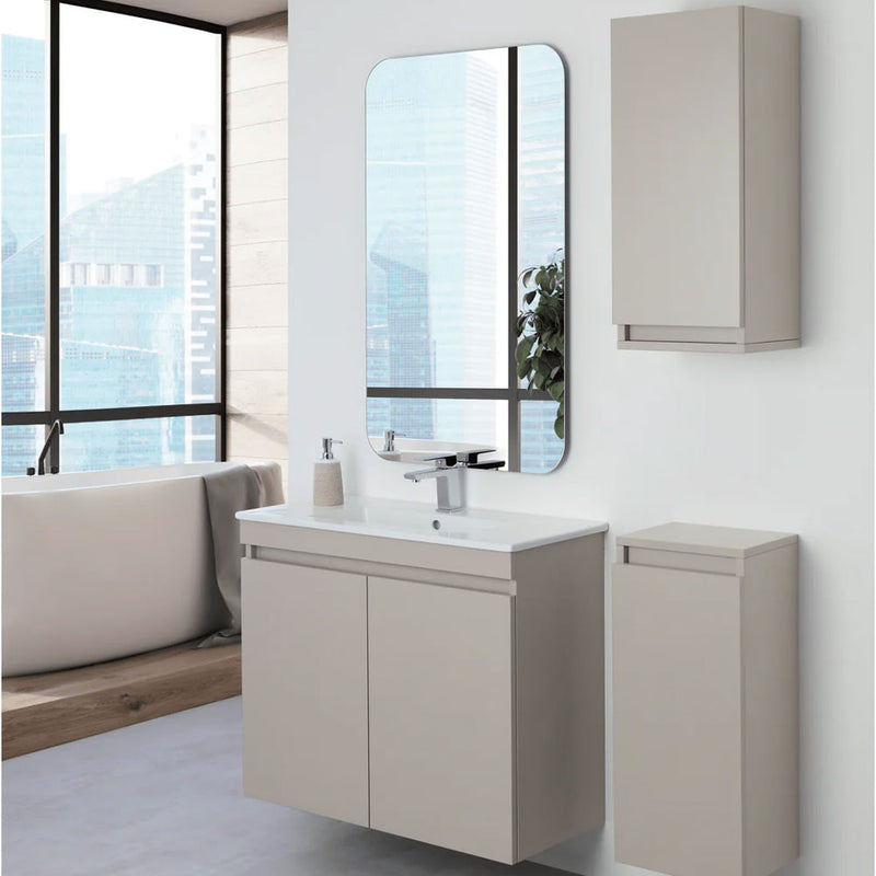 Meuble de salle de bains suspendu de 80 cm avec deux portes et miroir sur cadre de 60x100 cm, coloris taupe
