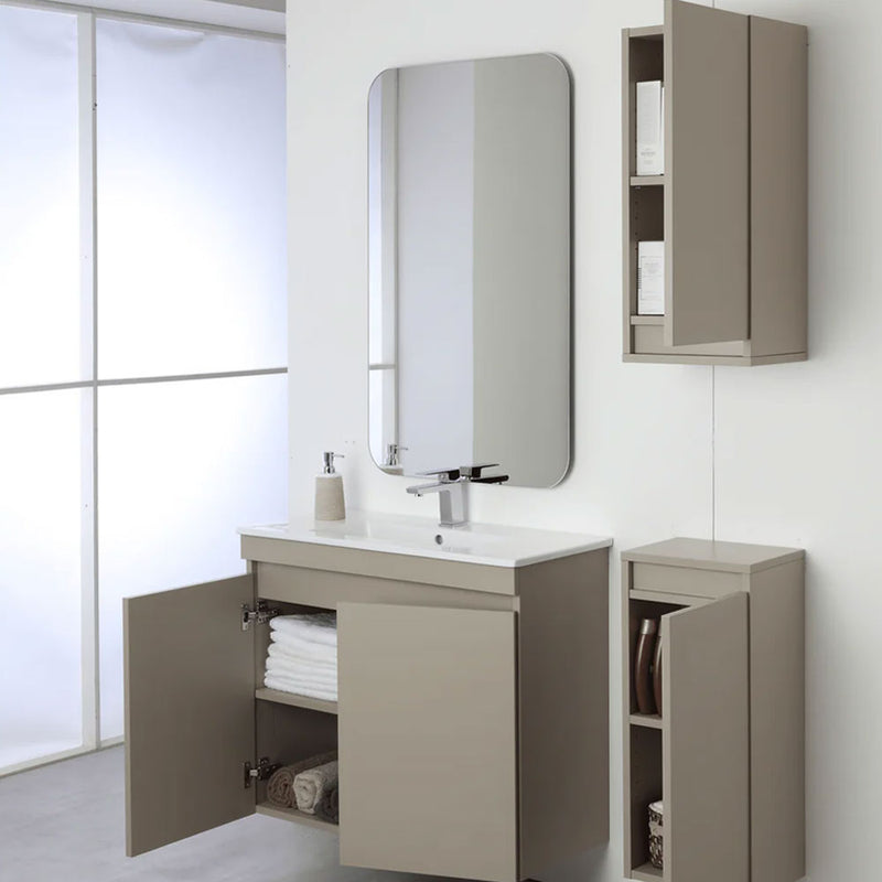 Meuble de salle de bains suspendu de 80 cm avec deux portes et miroir sur cadre de 60x100 cm, coloris taupe