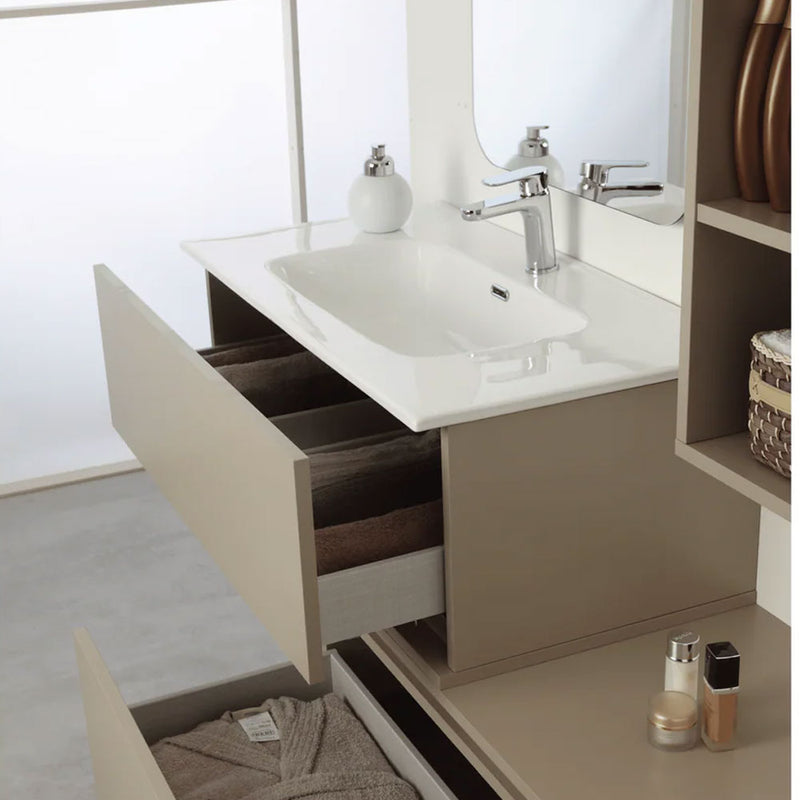Meuble de salle de bains suspendu de 80 cm avec deux portes et miroir sur cadre de 60x100 cm, coloris taupe