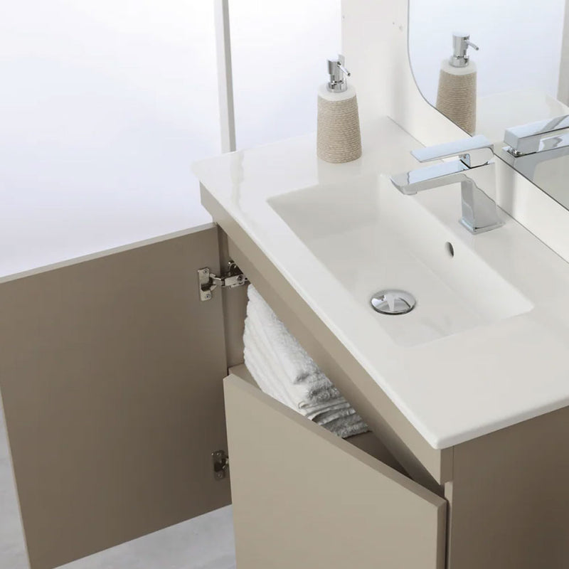 Meuble de salle de bains suspendu de 80 cm avec deux portes et miroir sur cadre de 60x100 cm, coloris taupe
