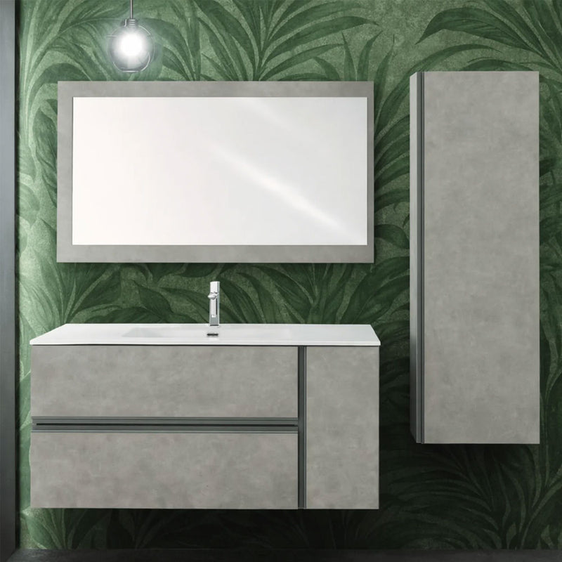 Mobile Bagno Sospeso Cm  90 con Due Cassetti Un Anta a Destra Specchio Su Pannello 90x70 Cm Modello "Oxid" Beton Cenere