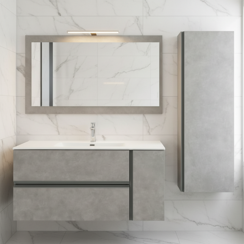 Mobile Bagno Sospeso Cm  90 con Due Cassetti Un Anta a Destra Specchio Su Pannello 90x70 Cm Modello "Oxid" Beton Cenere