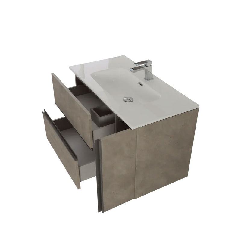 Mobile Bagno Sospeso Cm  90 con Due Cassetti Un Anta a Destra Specchio Su Pannello 90x70 Cm Modello "Oxid" Beton Cenere