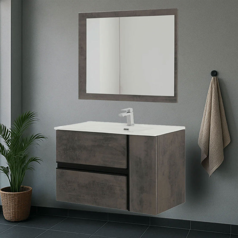 Mobile Bagno Sospeso Cm  90 con Due Cassetti Un Anta a Destra Specchio Su Pannello 90x70 Cm Modello "Oxid" Ossido Grigio