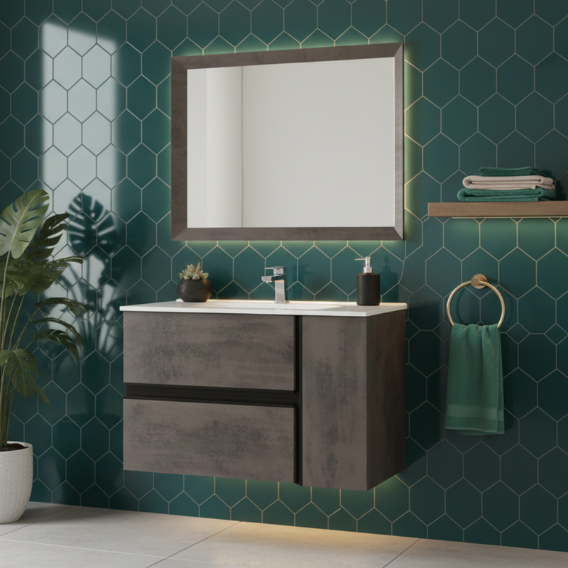 Mobile Bagno Sospeso Cm  90 con Due Cassetti Un Anta a Destra Specchio Su Pannello 90x70 Cm Modello "Oxid" Ossido Grigio