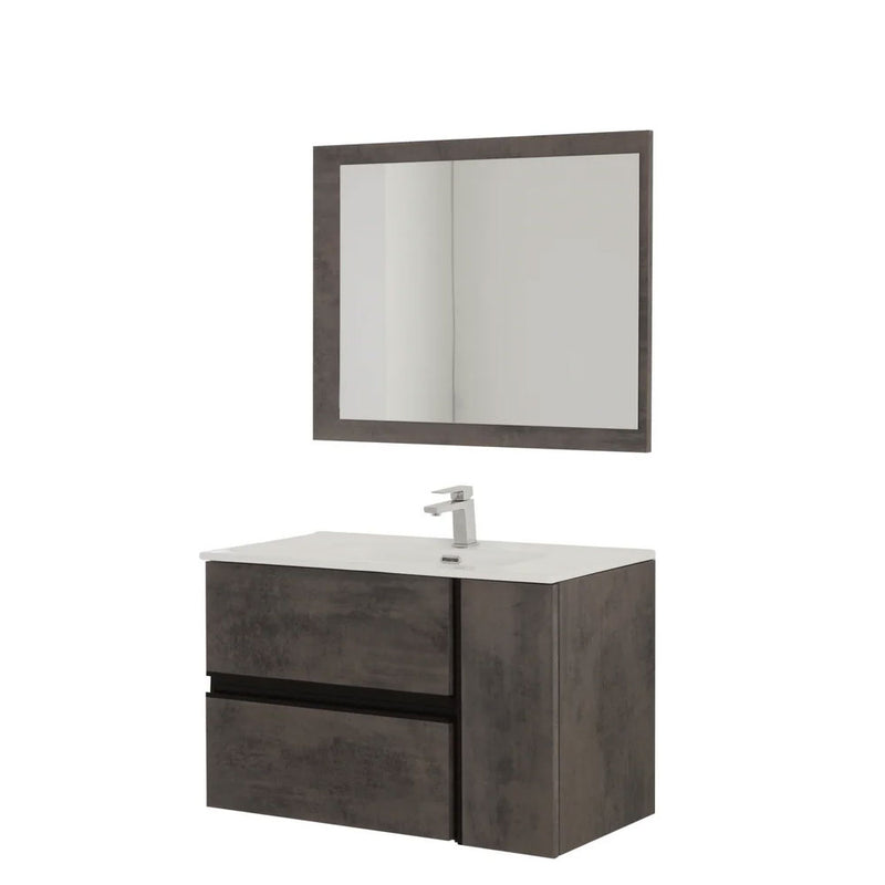 Mobile Bagno Sospeso Cm  110 con Due Cassetti Un Anta a Destra Specchio Su Pannello 110x70 Cm Modello "Oxid" Ossido Grigio