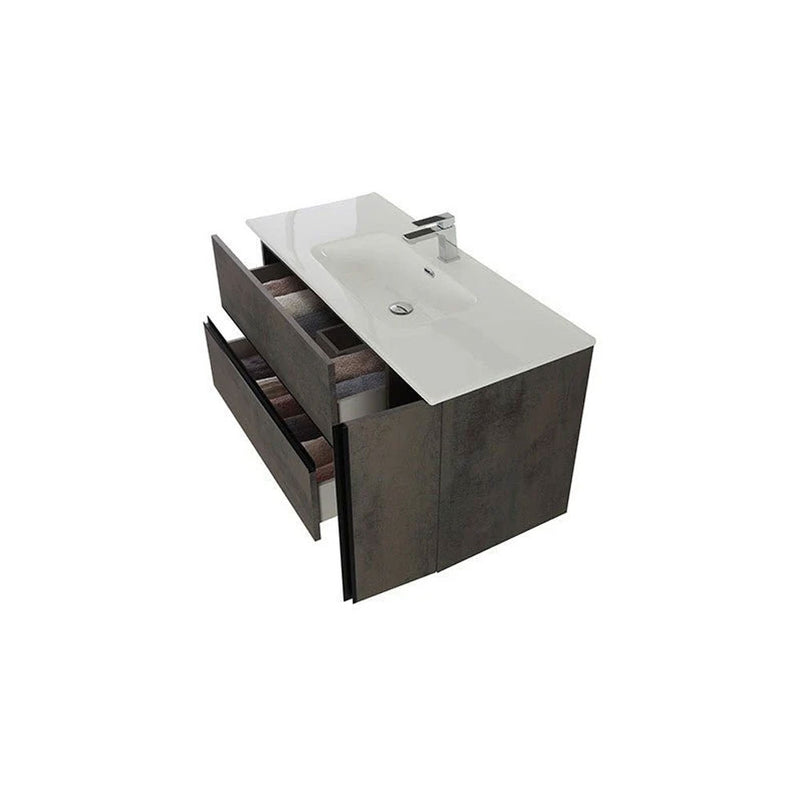 Mobile Bagno Sospeso Cm  110 con Due Cassetti Un Anta a Destra Specchio Su Pannello 110x70 Cm Modello "Oxid" Ossido Grigio