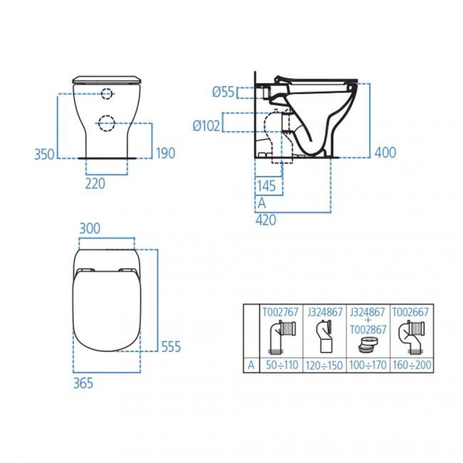 Sanitari filo muro Ideal Standard Tesi AquaBlade con scarico traslato con sedile termoindurente