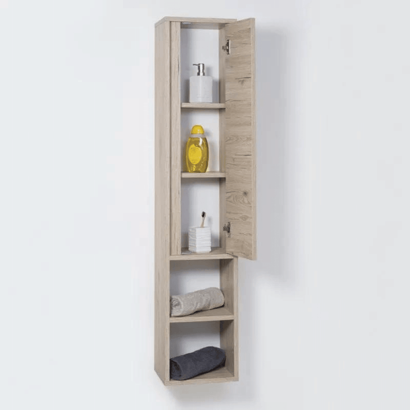 Meuble haut de rangement de 150 cm avec compartiment ouvert, coloris chêne clair