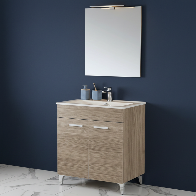 Mobili Bagno a Terra 60 Cm Due Ante Specchio Con Lampada Led 50x70 Cm Cubi&Co "Greta" Rovere Tropea
